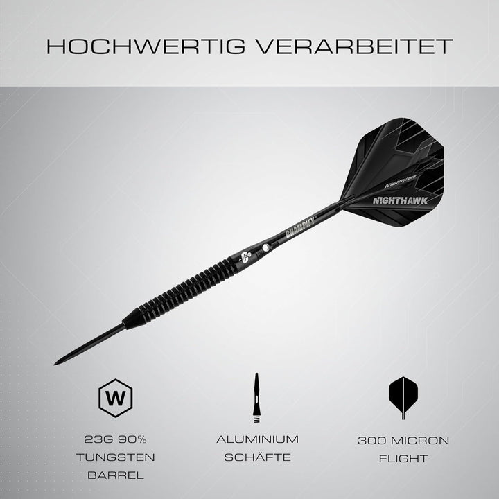 Champify® 90% Tungsten Darts Set mit schwarzer Darttasche| 3 Steeldarts mit 9 Alu-Schäften & 9 Fligh