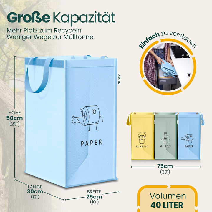 Norggo Set aus 3 Müllsäcken für Mülltrennung, 40L - Mülltrennsystem 3fach für Papier, Kunststoff und
