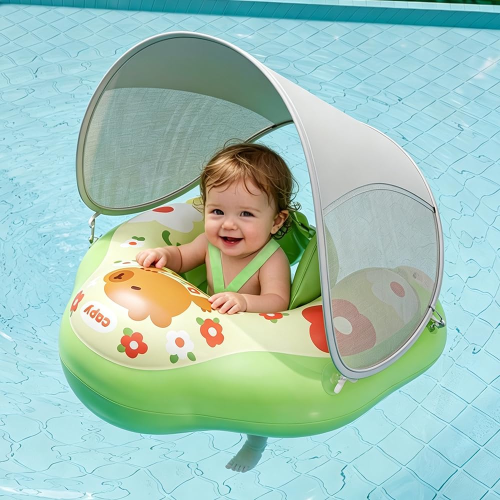 Schwimmring Baby mit Abnehmbarem Sonnendach, Baby Schwimmhilfe mit Sicherheitssitz, UPF50+ UV-Schutz
