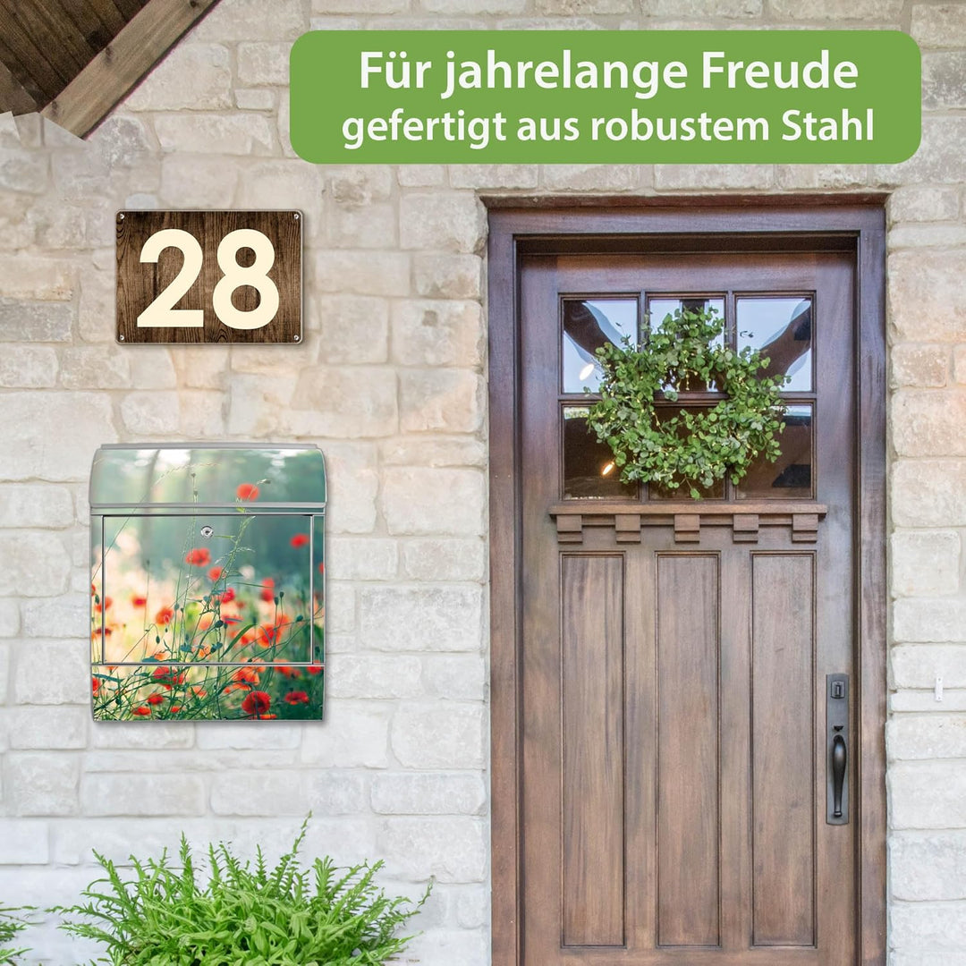 banjado® Design Briefkasten mit Motiv Waldmohn 39x47x14cm &amp; 2 Schlüssel - Briefkasten Stahl Silber m