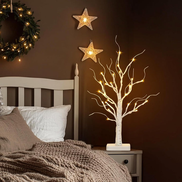 DELICHTER 2er Set Lichterbaum mit 24 Warmweissen LEDs Birken Bäumchen mit Timer-Funktion Dekozweige