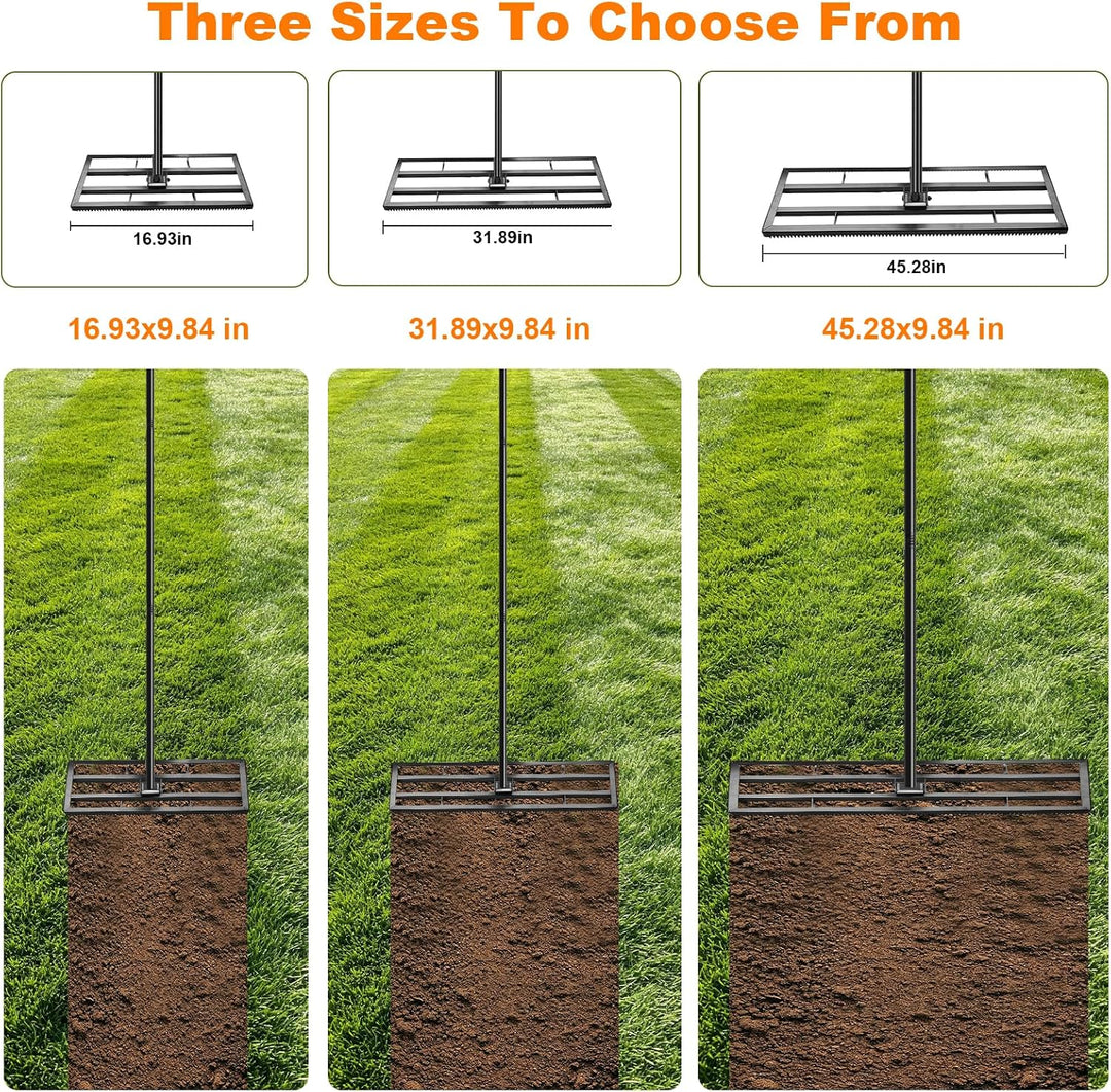 Rasen Nivellierrechen 81x25cm mit Gezahnte Seite und 199 cm Langer Griff, 2-In-1 Rasen-Nivelliergera