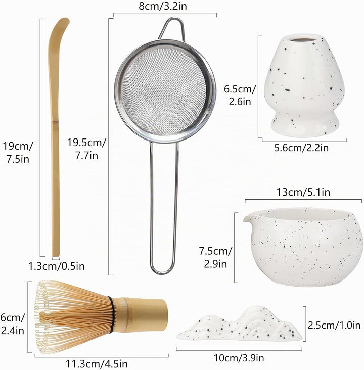 Nideen Matcha Set Weiss mit Besen, Keramik Schale, Matcha Löffel &amp; Halter–Matcha Besen Set für die M