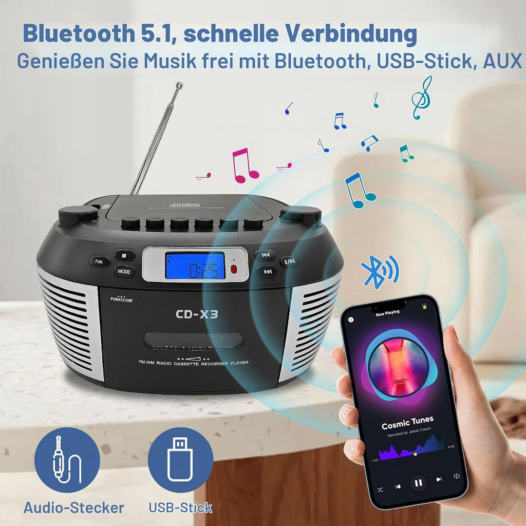 Tragbarer CD- &amp; Kassettenplayer mit Fernbedienung – Inklusive FM/AM-Radio, USB-Wiedergabe, Bluetooth
