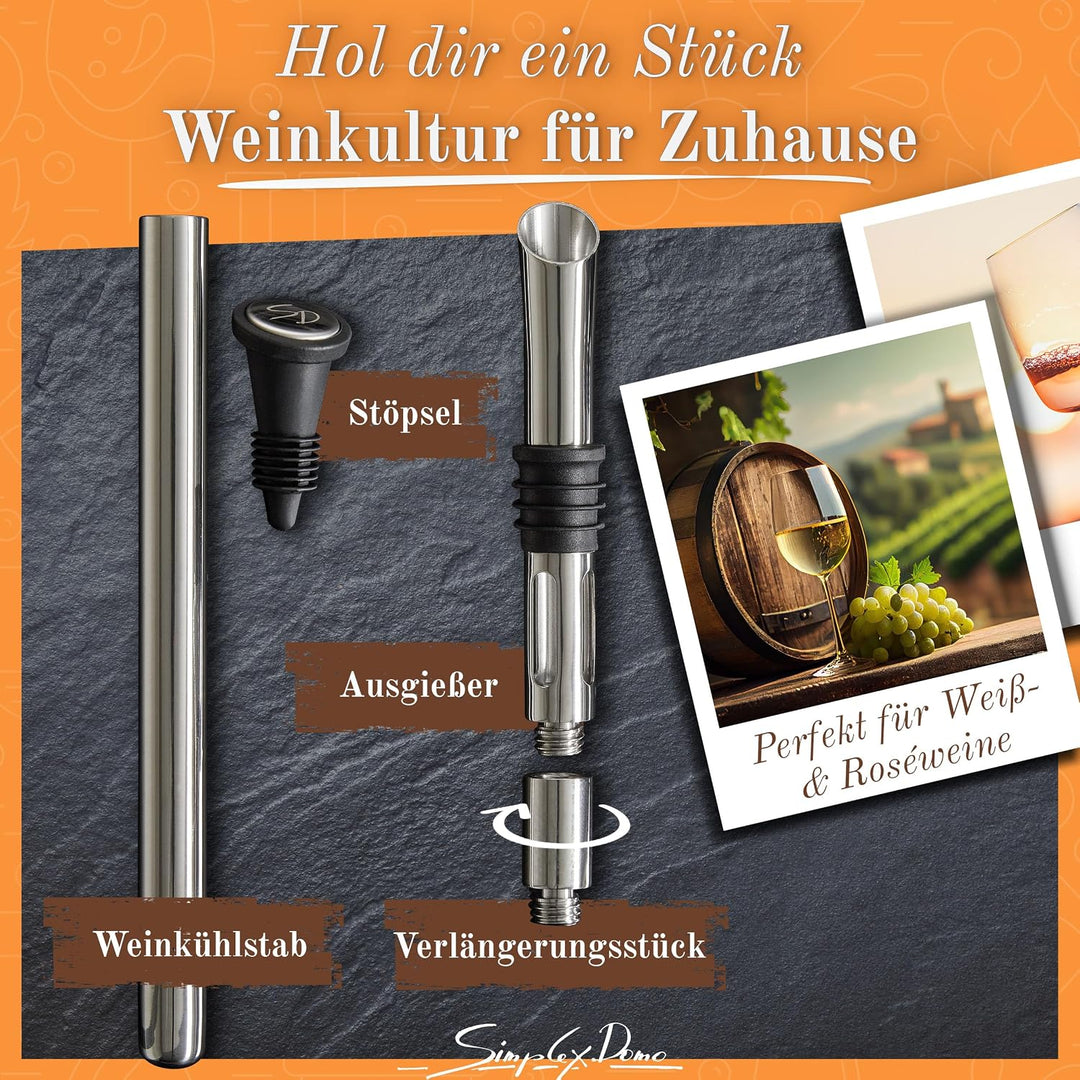 4-in-1 Weinkühlstab Premium Set - 100% Edelstahl Ausgiesser & Weinkühler, inkl. Verlängerung & Flasc