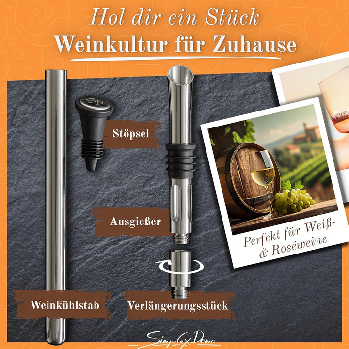 4-in-1 Weinkühlstab Premium Set - 100% Edelstahl Ausgiesser & Weinkühler, inkl. Verlängerung & Flasc