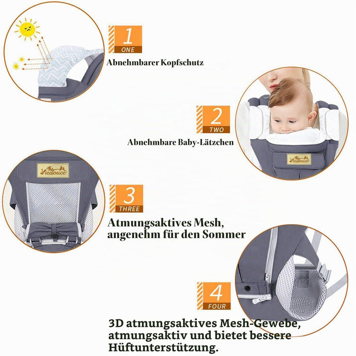 Viedouce Babytrage Ergonomische mit Hüftsitz/Reine Baumwolle Leicht und atmungsaktiv/Multiposition:D