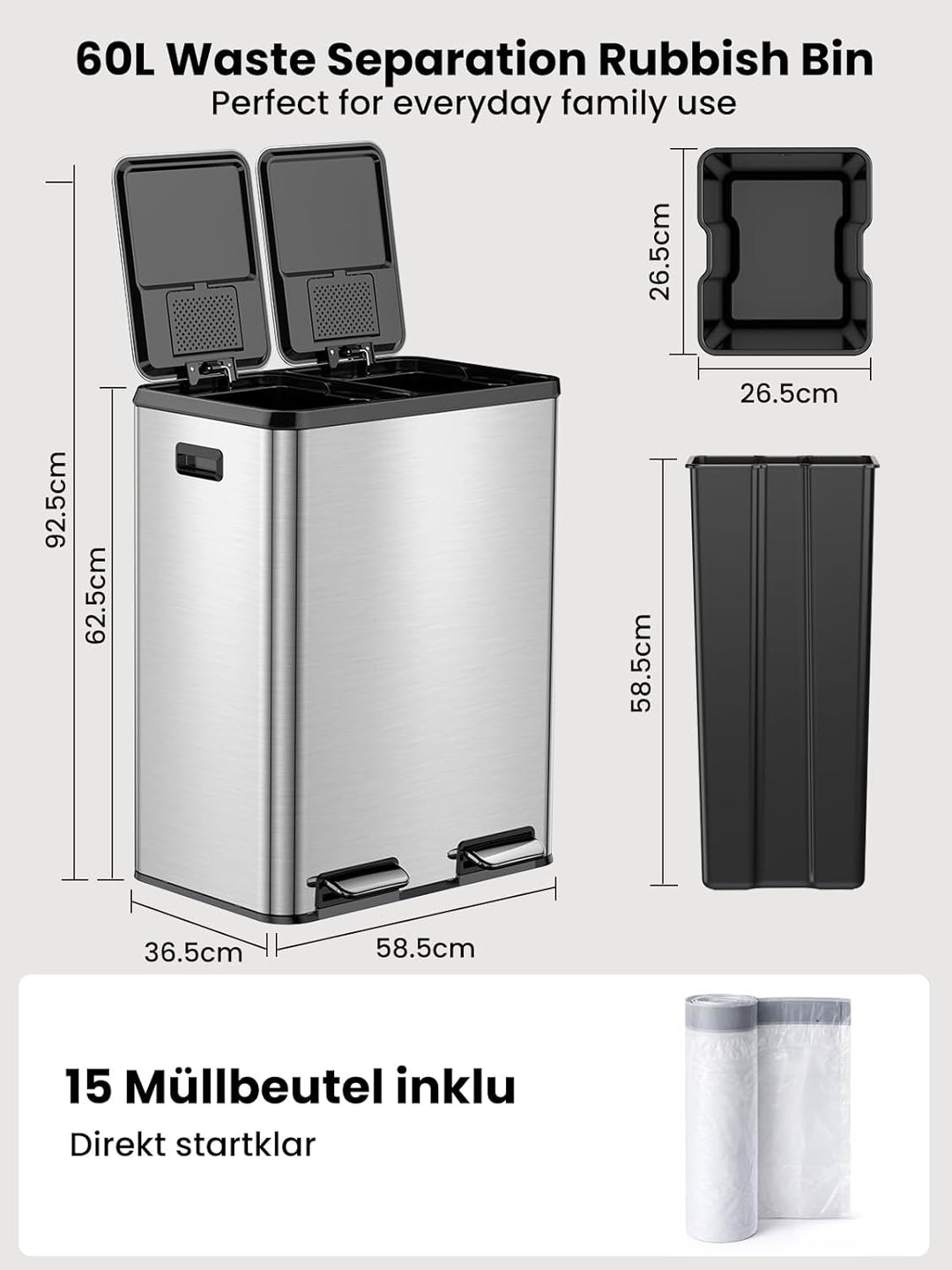 YEAUPE PRO Mülleimer Küche 2x30L Edelstahl, 60L Doppel Treteimer Mülltrennung, Abfalleimer mit Soft