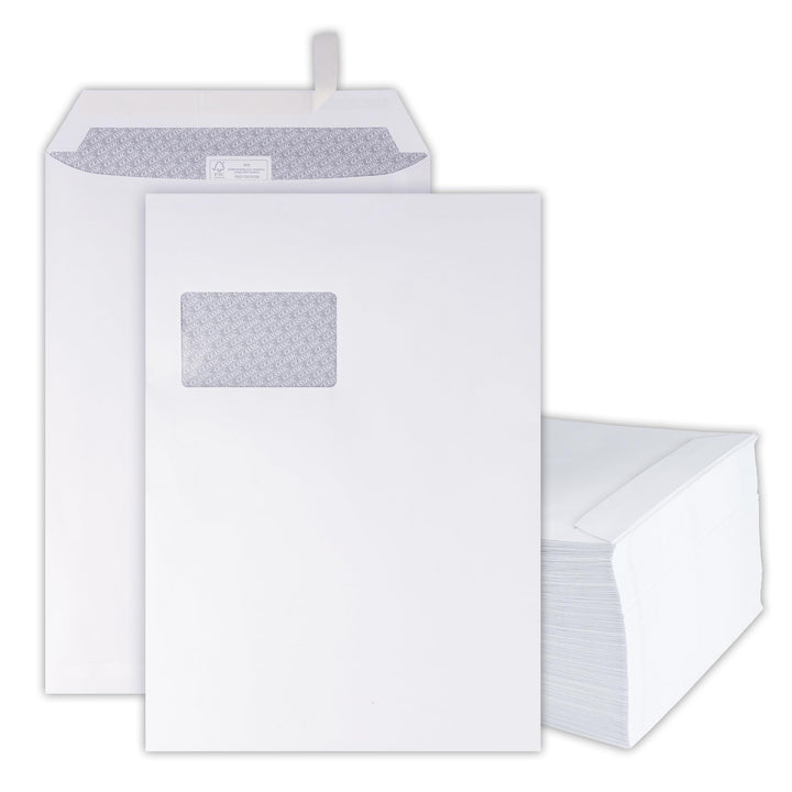 250 Briefumschläge - C4 Tasche mit Fenster - 229x324 mm - weisse Papierumschläge - selbstklebend - U
