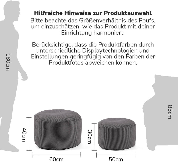 mokebo® Pouf, Hocker o. Sitzhocker aus Cord 40x60 cm 'Der Faule Lenz', Bodenkissen rund Anthrazit, F