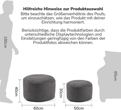mokebo® Pouf, Hocker o. Sitzhocker aus Cord 40x60 cm 'Der Faule Lenz', Bodenkissen rund Anthrazit, F