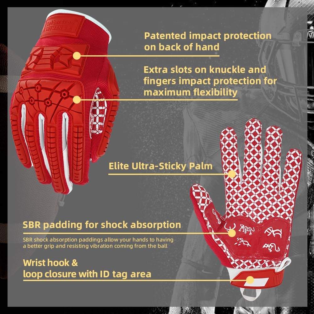 Seibertron Lineman 2.0 Padded Palm Football Receiver Gloves, Flexible TPR Impact Protection Back of