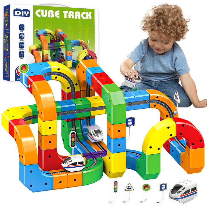123PCS Electric Train Set, Elektrisches Magisches Schienen-WüRfelzug-Set,Cube Track Block mit Schwer