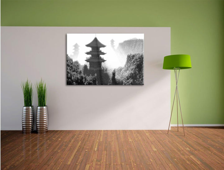 Pixxprint chinesische Häuser Kunst B&W als Leinwandbild/Grösse: 100x70 / Wandbild/Kunstdruck/fertig