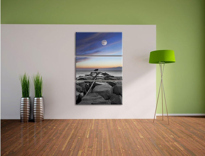 Pixxprint Steinmauer am Meer bei schönem Abendhimmel 3-Teiler Leinwandbild 120x80 Bild auf Leinwand