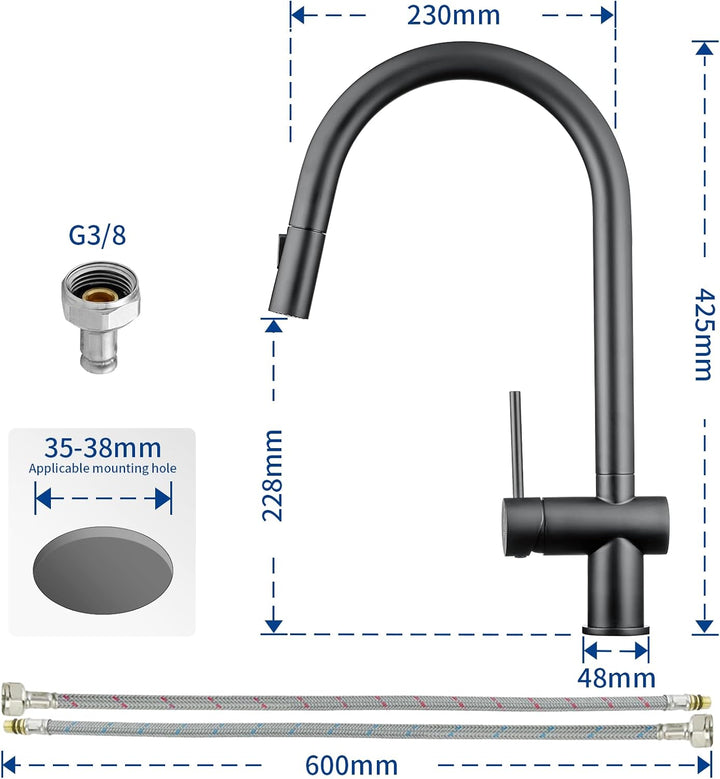 CECIPA Küchenarmatur Schwarz Ausziehbar, Wasserhahn Küche 2 Strahlarten, Spültischarmatur Hochdruck