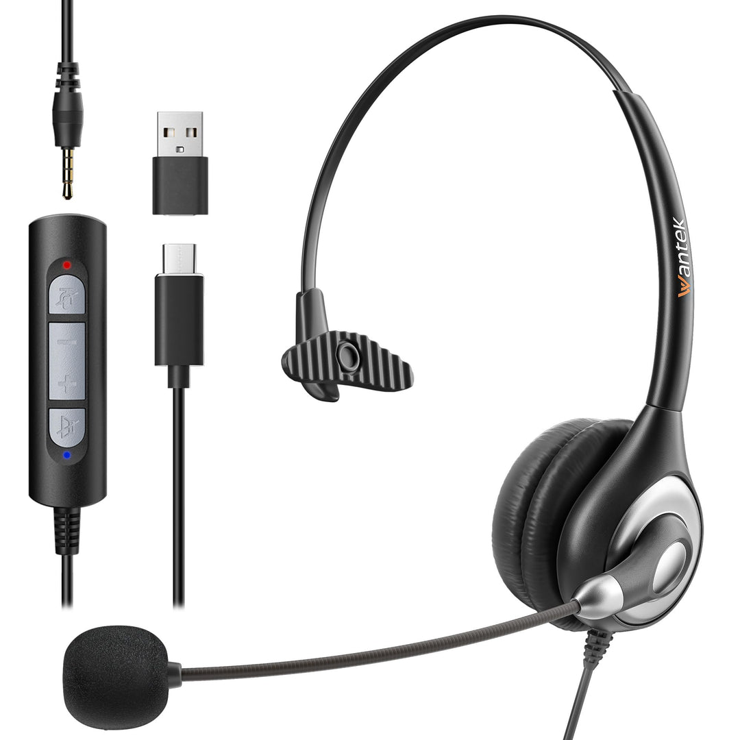 Wantek 601N Headset Typ-C Mono mit Mikrofon Noise Cancelling und 3,5mm Stecker USB C auf A Adapter f
