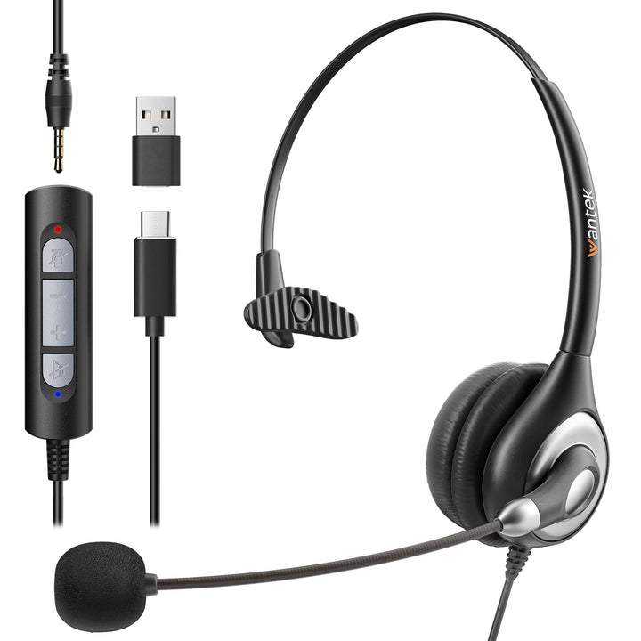 Wantek 601N Headset Typ-C Mono mit Mikrofon Noise Cancelling und 3,5mm Stecker USB C auf A Adapter f