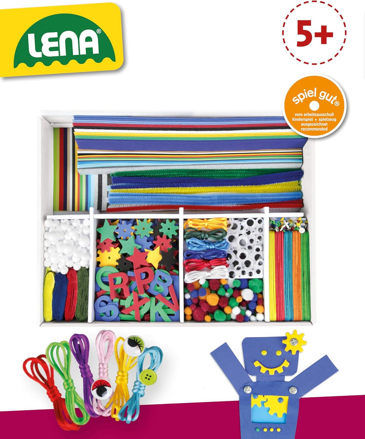 Lena 42665 Bastelkoffer mit 800 Teile Farben, Material zum Basteln, mit Moosgummi, Buntpapier, Pompo