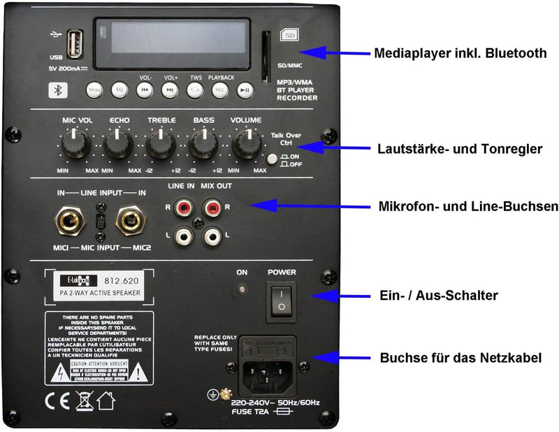 E-Lektron JAD38-B Sound-Anlage USB/SD & Bluetooth Soundsystem Digitale Bi-Amp Enstufe 500W RMS