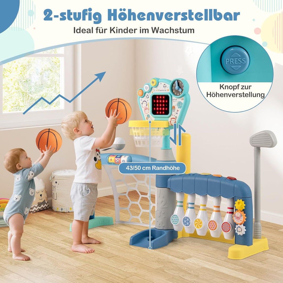 DREAMADE 5-in-1 Multiaktivitätszentrum mit Basketball, Fussball, Bowling, Baseball &amp; Golf, höhenvers