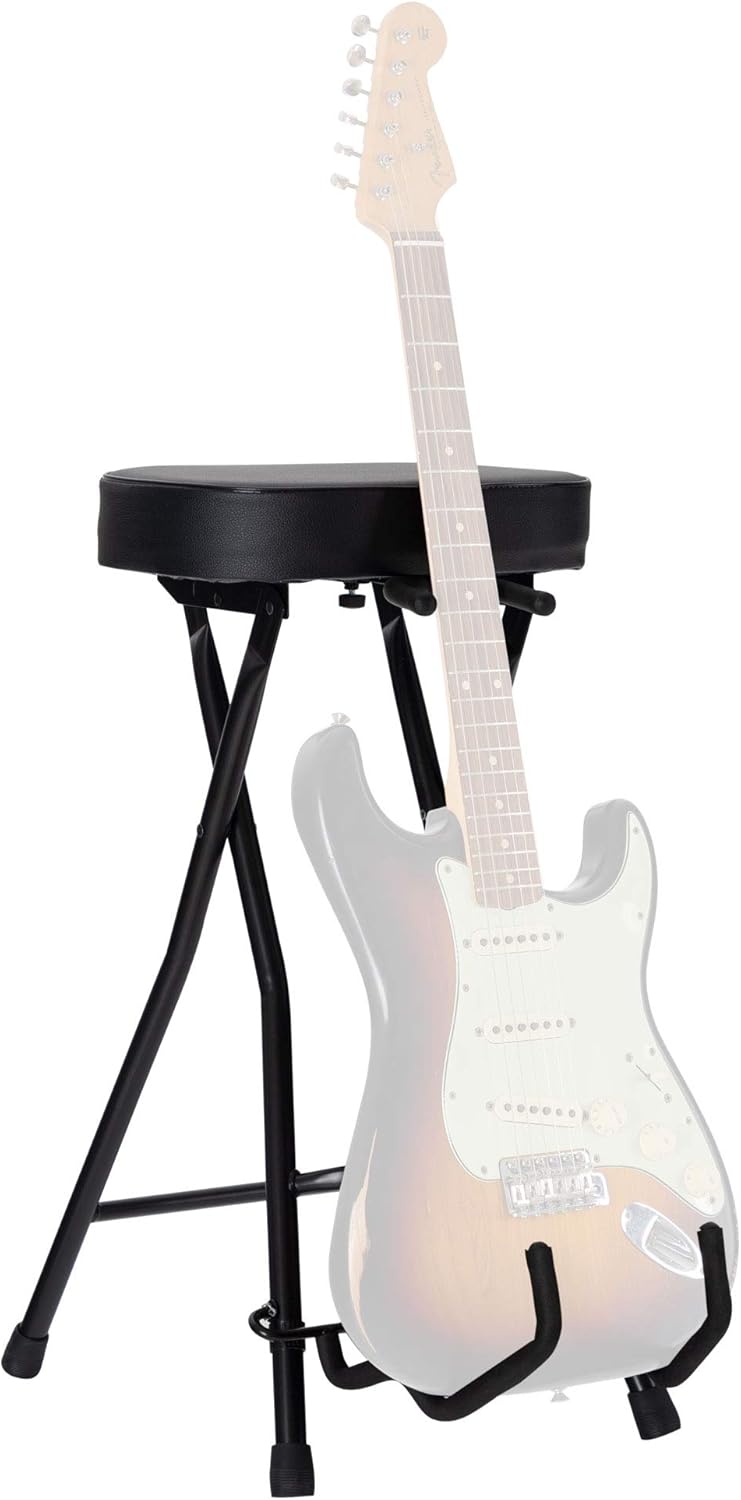 Rocktile Gitarrenhocker mit Gitarrenhalter - Hocker und Ständer in einem - rechteckige Sitzfläche -