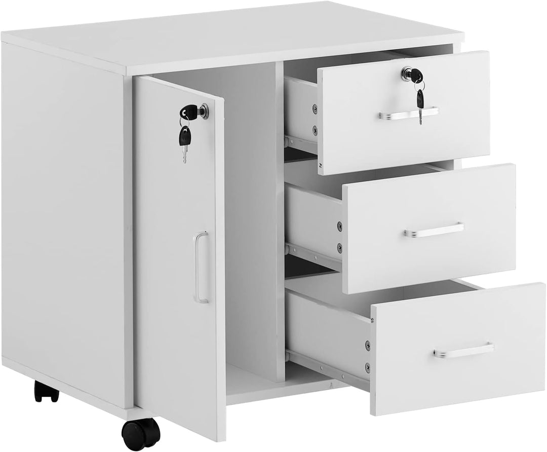 ZBAOLTO Rollcontainer Aktenschrank aus Holz, Abschliessbar Büroschrank mit 3 Schubladen und Tür, Ver