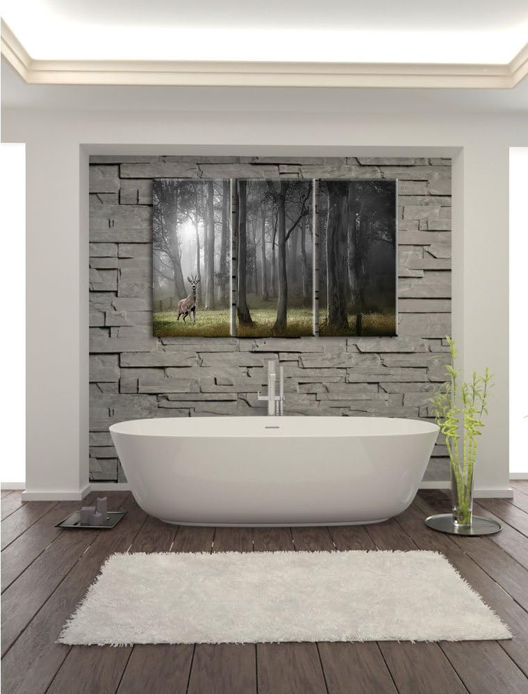 Pixxprint Einsamer Hirsch im tiefen Wald B&W Detail 3-Teiler Leinwandbild 120x80 Bild auf Leinwand