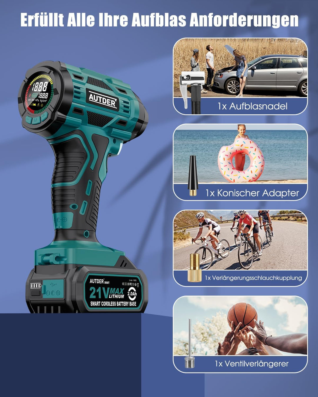 AUTDER 21V Akku Luftkompressor - 12,4 Bar/180 PSI Hochdruck Elektropumpe mit LED-Licht & Kühlsystem,