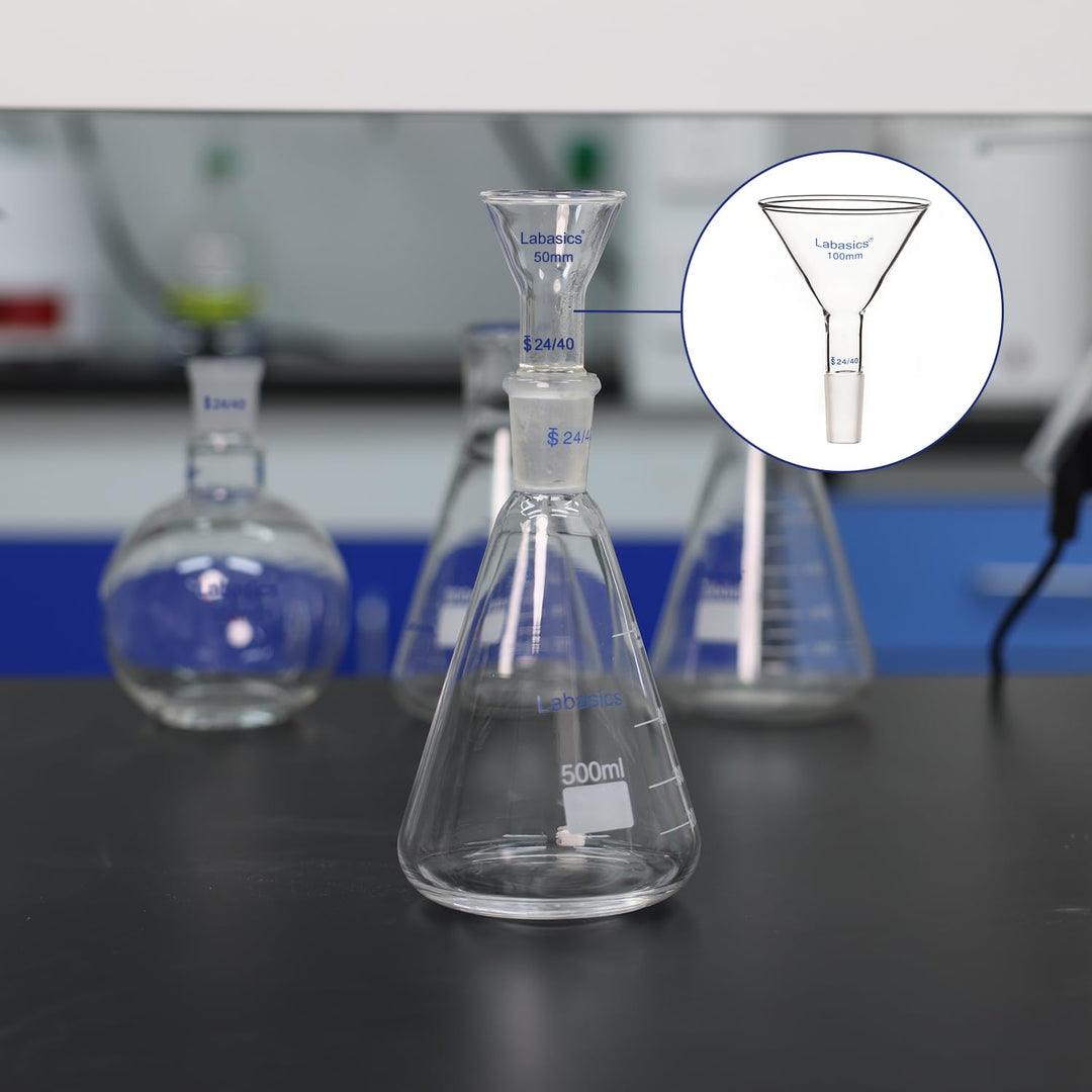 Labasics Pulvertrichter aus Glas mit Kurzem Stiel und 100 mm Spitze O.D. und 24/40 Inner Joint Glass