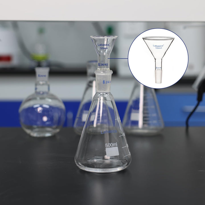 Labasics Pulvertrichter aus Glas mit Kurzem Stiel und 100 mm Spitze O.D. und 24/40 Inner Joint Glass