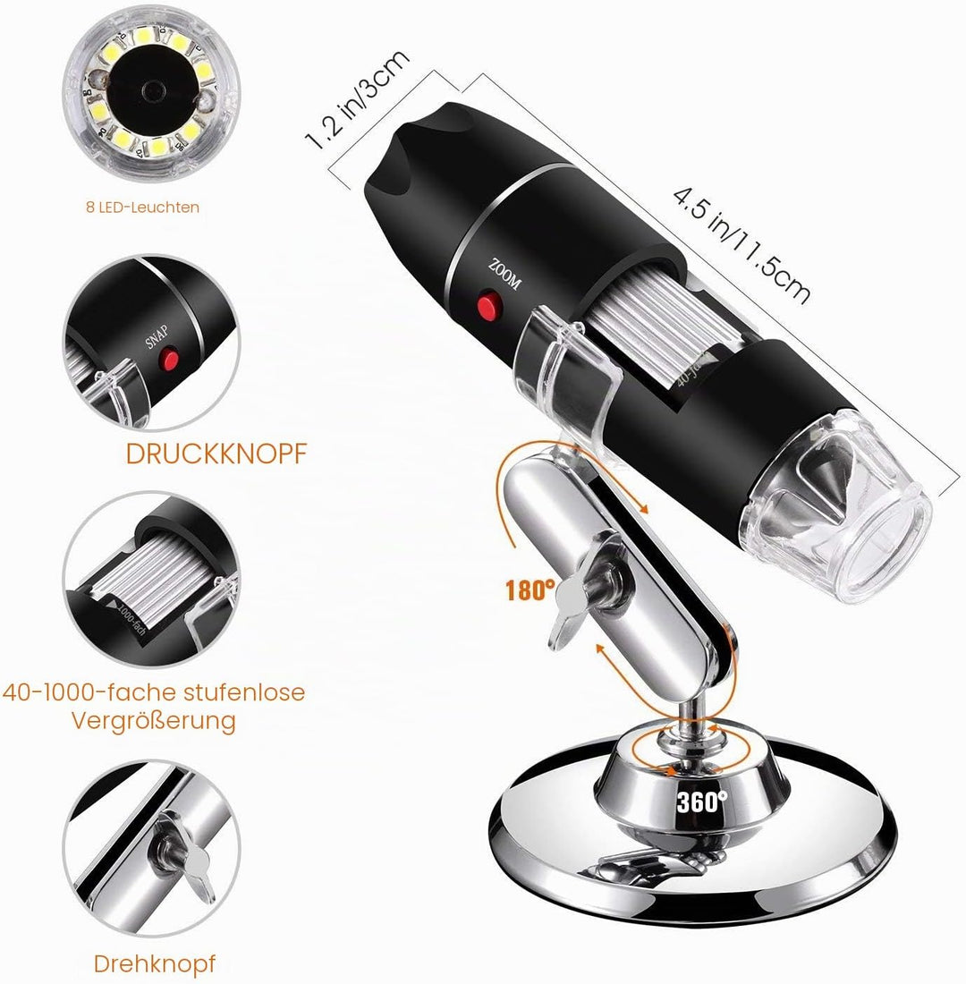 USB-Digitalmikroskop 40X bis 1000X, Bysameyee 8 LED-Vergrösserungs-Endoskopkamera mit Tragetasche un
