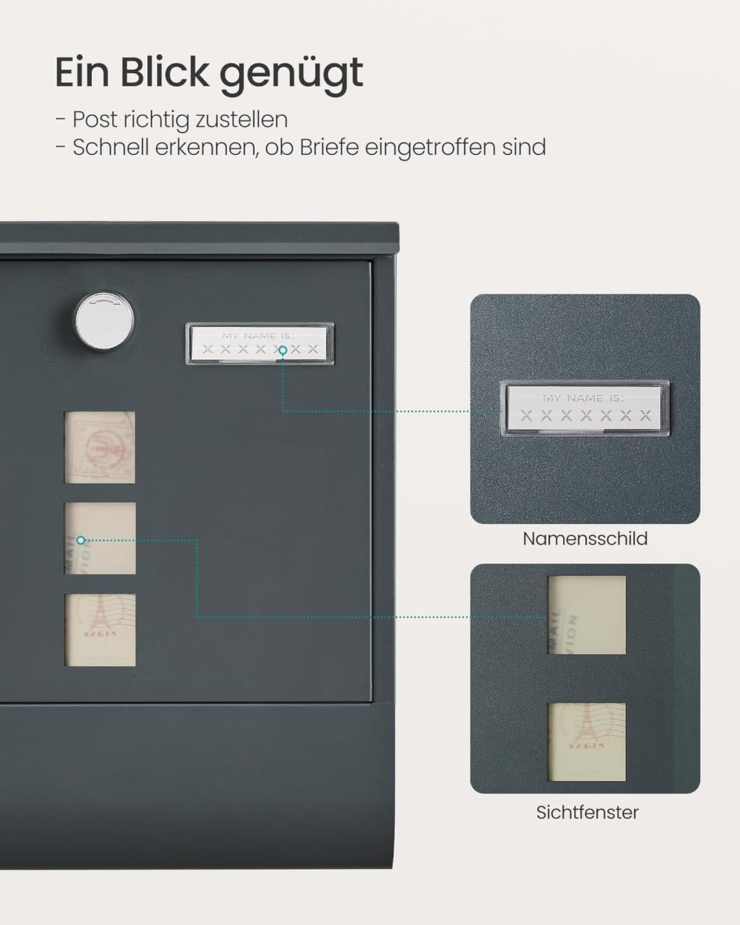 SONGMICS Wandbriefkasten, mit Schloss mit Drehdeckel, Sichtfenster, Namensschild, Zeitungsfach, einf