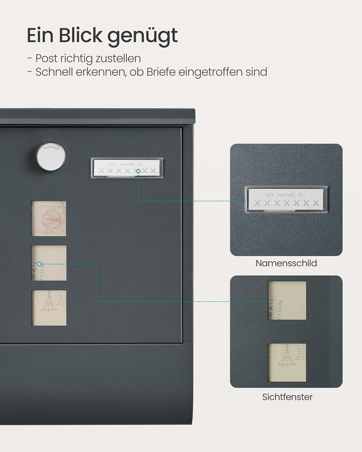 SONGMICS Wandbriefkasten, mit Schloss mit Drehdeckel, Sichtfenster, Namensschild, Zeitungsfach, einf