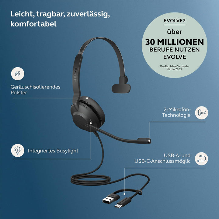 Jabra Evolve2 30 SE - USB-A/USB-C - schnurgebundenes Mono Headset Zertifiziert für Microsoft Teams M