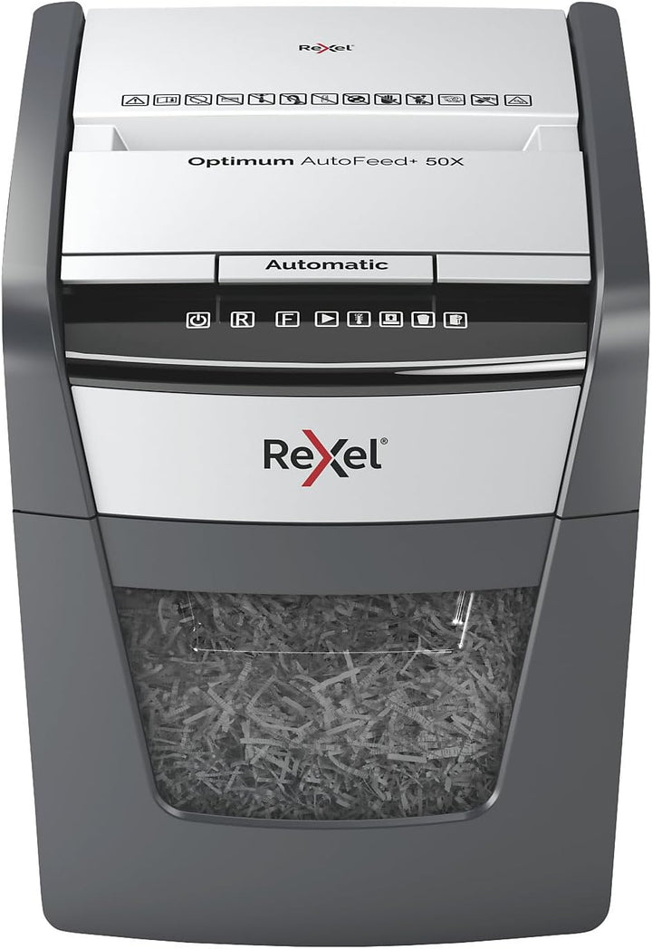Rexel Optimum AutoFeed+ 50X Automatischer Aktenvernichter CH, 50 Blatt, Sicherheitsstufe P4, Partike
