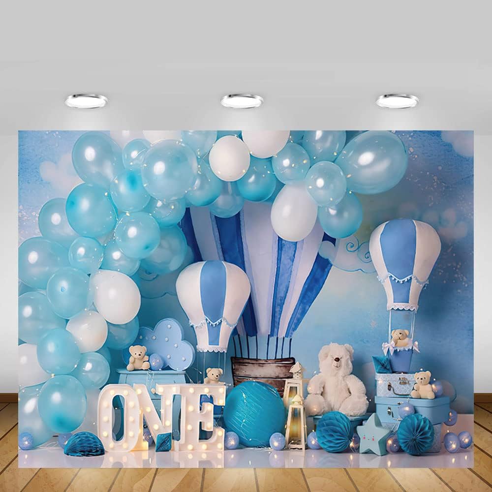 MEHOFOND 2,4 x 1,8 m blauer Junge 1. Geburtstag Fotografie Hintergründe Luftballons Heissluftballon