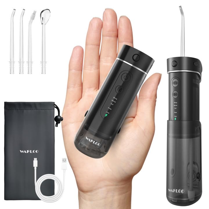 Munddusche Kabellos für Reise, Tragbarer Oral Irrigator mit Teleskop-Wassertank, 5 Reinigungsmodi, 4