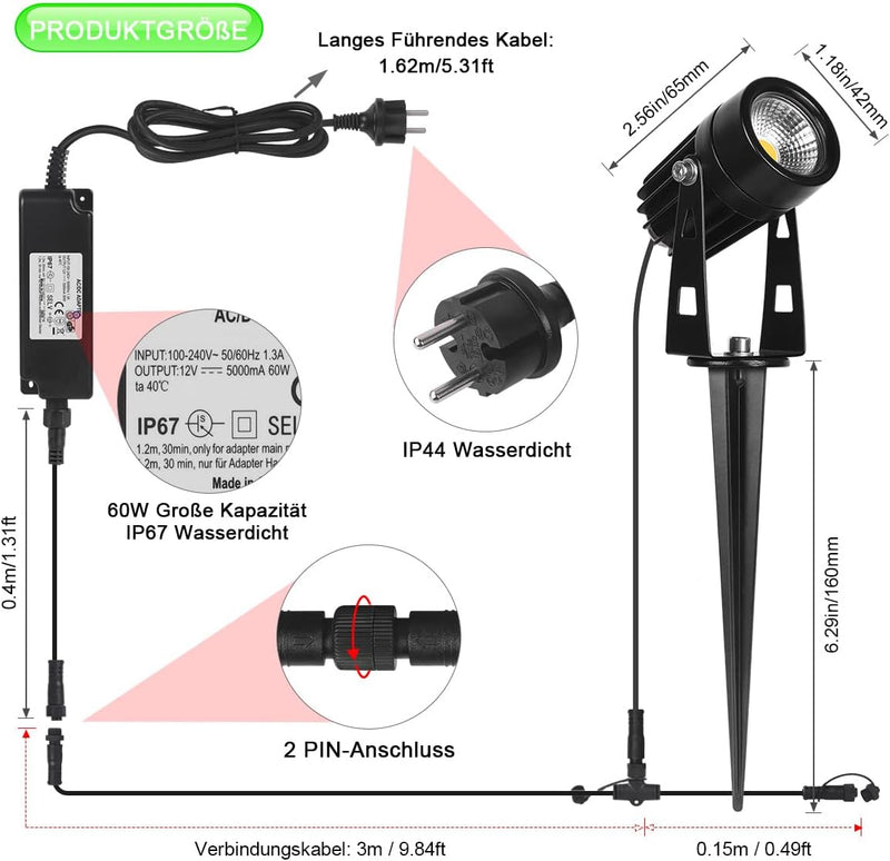 AIMHEIM 10er-Set LED Gartenbeleuchtung mit Erdspiess, 3W Gartenleuchte mit Stecker, 3750LM, P65 Wass