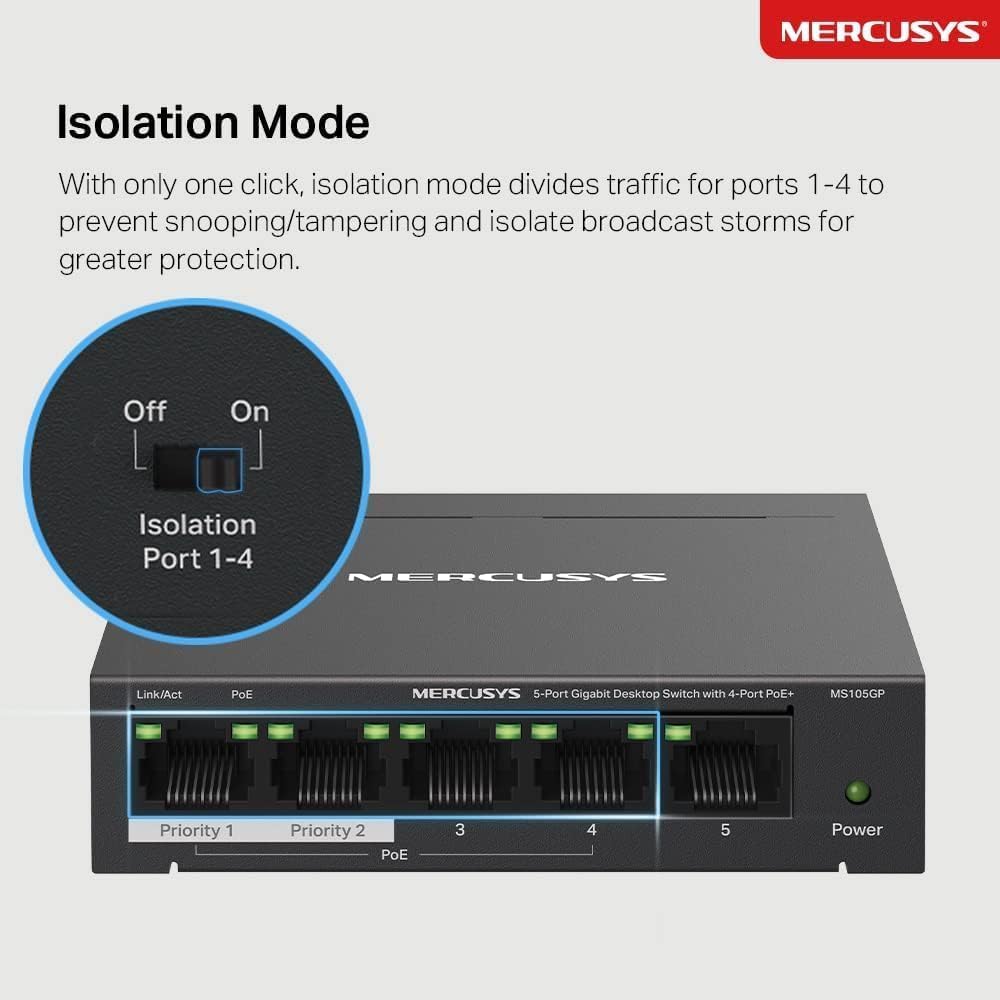 Mercusys MS105GP PoE Switch 5-Port Gigabit LAN Switch mit 4 PoE+ Ports (65 Watt, IEEE-802.3af/at PoE