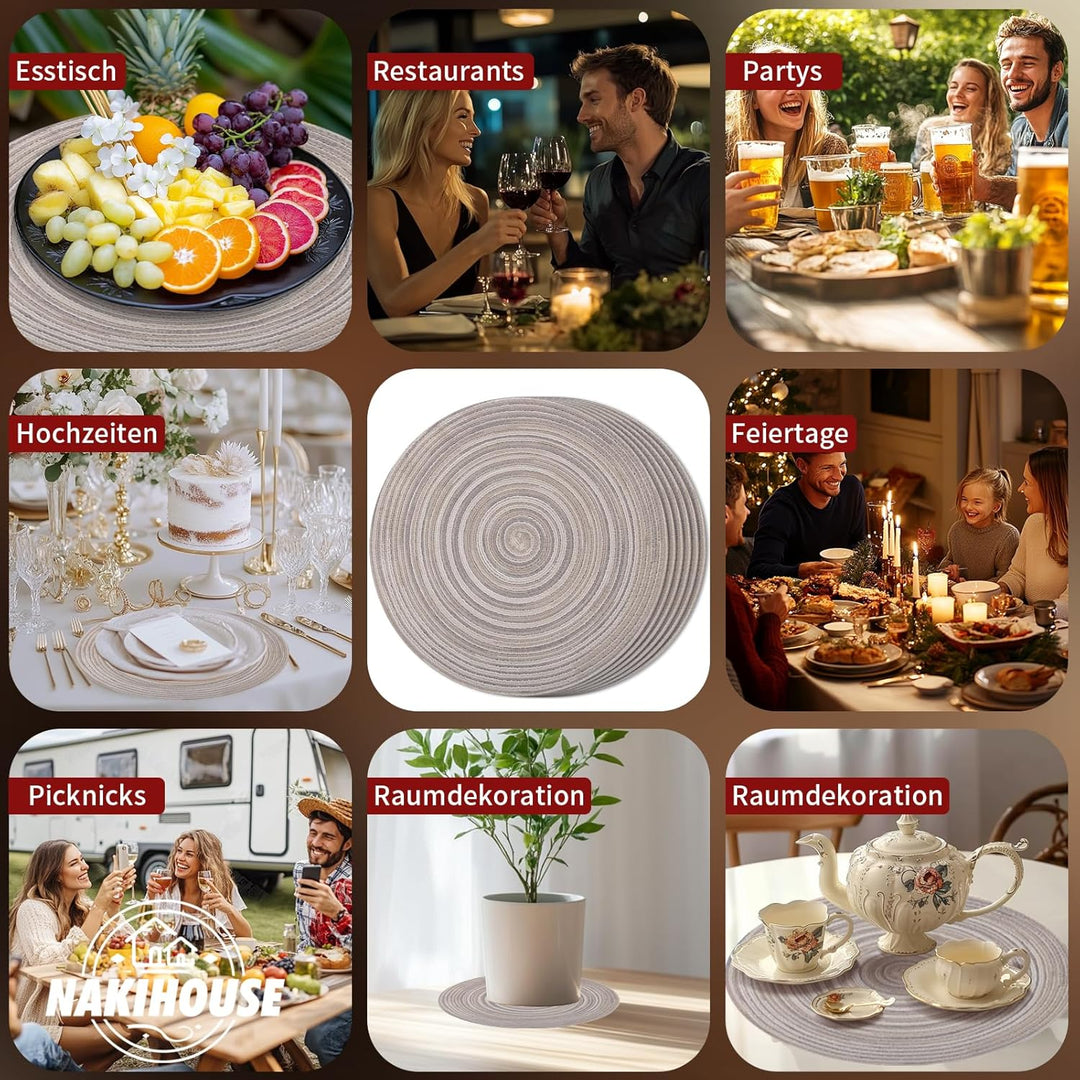 Tischsets Abwaschbar Rund Geflochten Tischset 6er Set, 38cm Rund Platzsets Abwischbar, rutschfest, H