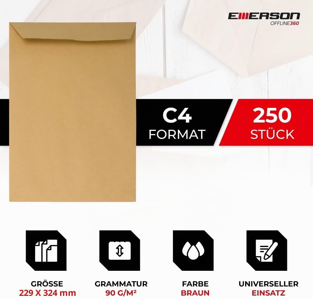 Emerson 250x Versandtasche DIN C4 Braun 229 x 324 mm 90g grosse Briefumschläge ohne Fenster gerade K