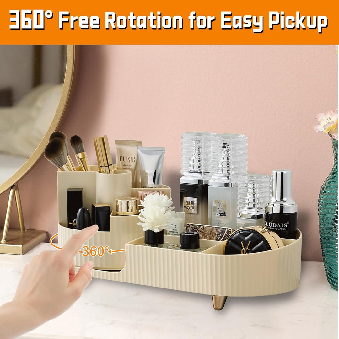 360°Drehbarer Cremefarbe Kosmetik Organizer mit Fach 2 in 1,Hohe Kapazität Skincare Organizer, Aufbe