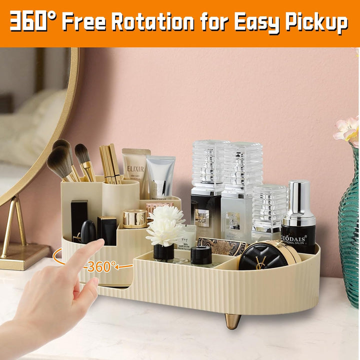 360°Drehbarer Cremefarbe Kosmetik Organizer mit Fach 2 in 1,Hohe Kapazität Skincare Organizer, Aufbe