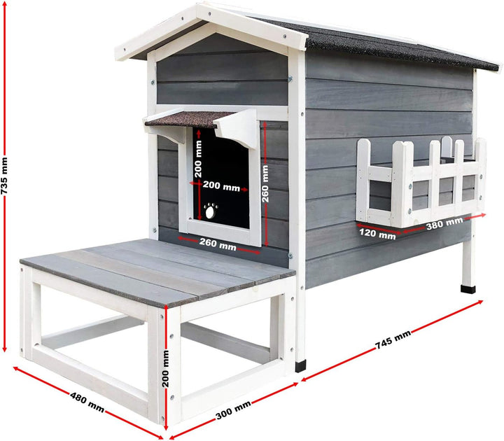 Wiltec Wetterfestes Katzenhaus 73,5 x 48 x 104,5 cm aus Holz, Katzenhütte Outdoor, Lodge Katzenhöhle