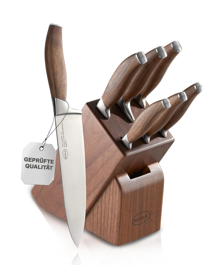 RÖSLE Messerblock Passion 7-tlg., Hochwertiger Messerblock aus Walnussholz mit 6 scharf geschliffene