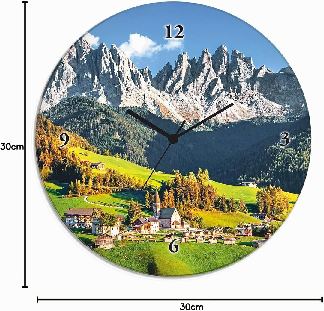 ARTLAND Wanduhr ohne Tickgeräusche Glas Funkuhr Ø 30 cm Rund Lautlos Alpen Landschaft Berge Natur Fr