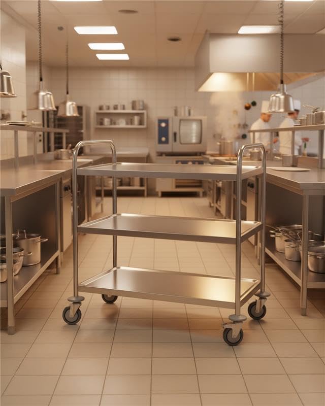 TECHNICA Servierwagen Edelstahl 3 Etagen mit Rollen &amp; Bremse Quadratischer Griff 750x400x835mm Rollw