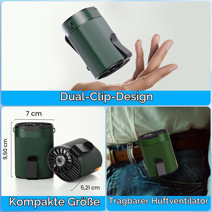 Tragbarer Ventilator Akku, Klein T Shirt Ventilator mit Clip, Aufladbarer Waist Fan on Belt, Turbo G