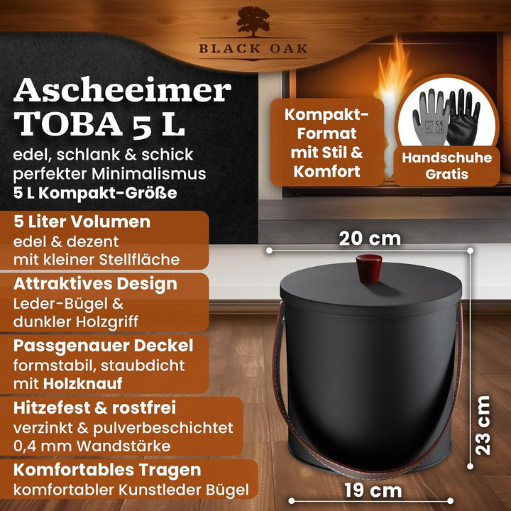 BLACK OAK Ascheeimer TOBA 5L - schwarz mit Deckel & Leder-Griff + Handschuhen - 5L Stahl feuerfest v